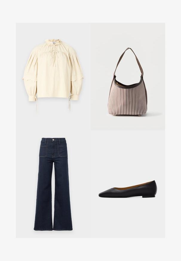Hofmann Copenhagen SHARON - Blusa - oyster; Vaqueros de denim de color azul oscuro con corte acampanado y cintura alta, que cuentan con dos bolsillos traseros y costuras contrastantes a lo largo de las costuras.; Zapato plano de punta puntiaguda de cuero negro con tacón bajo y acabado liso, mostrado de perfil sobre un fondo gris claro.; Bolso de mano con rayas verticales marrones y blancas, con una sola correa para el hombro y una cremallera visible en la abertura superior.