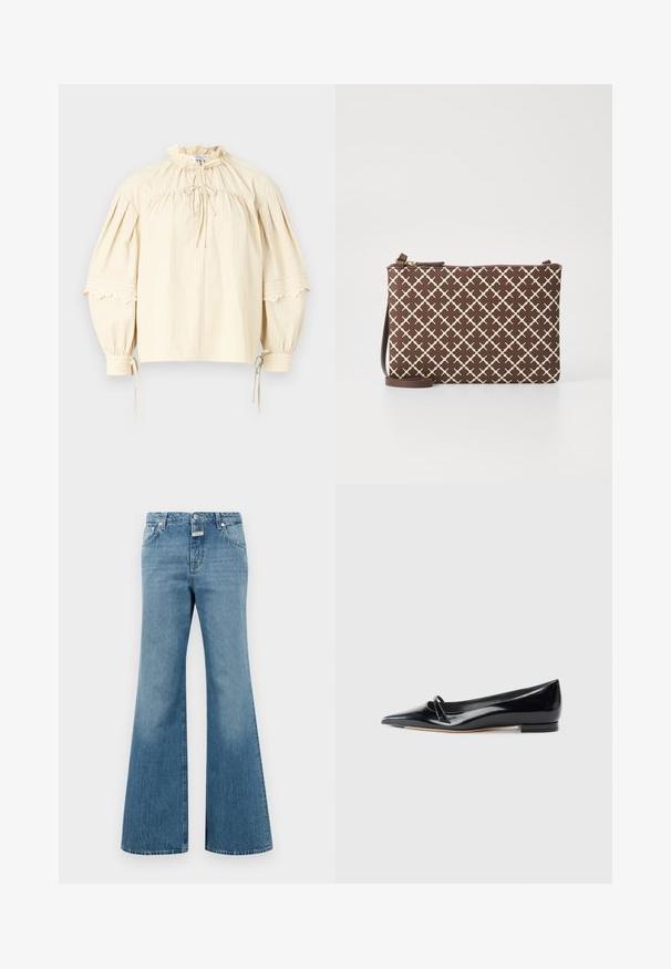 Hofmann Copenhagen SHARON - Blusa - oyster; Vaqueros de mezclilla de color azul claro, acampanados, con una cintura de media altura, que cuentan con bolsillos frontales, un cierre de botón sencillo y detalles de desgaste sutil.; Zapato plano de charol negro con punta afilada, pequeña tira decorativa y tacón bajo. Textura suave y diseño elegante.; Bolso de mano marrón con un diseño geométrico en beige claro, con cierre de cremallera y una correa ajustable marrón.