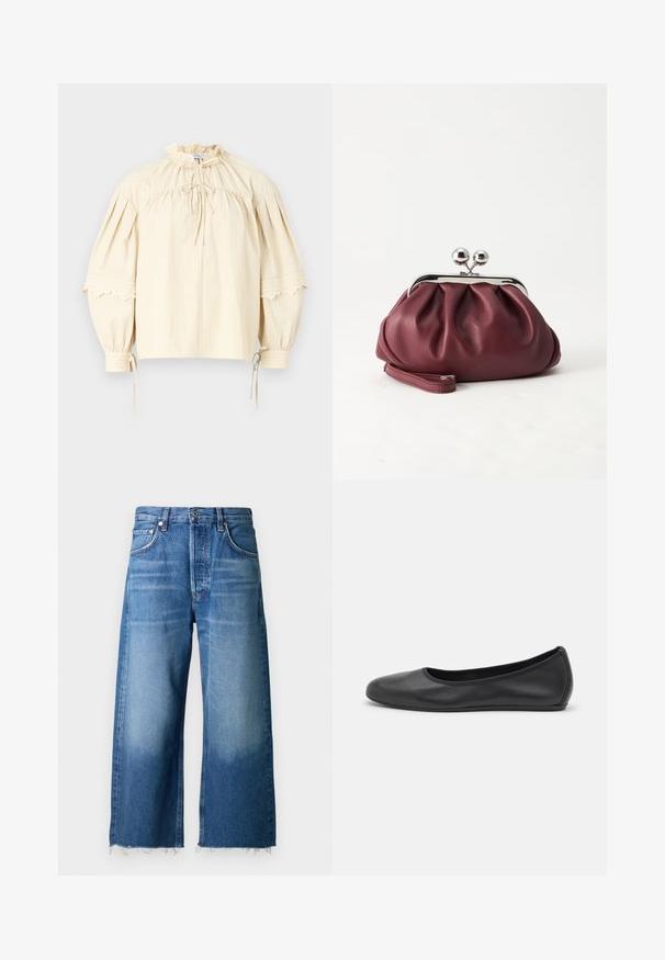 Hofmann Copenhagen SHARON - Blouse - oyster; Lichtblauwe denim wijdvallende jeans met een rafelige zoom, ontworpen met vijf zakken en een knoopsluiting in de taille.; Zwarte leren ballerina met een ronde neus, gladde textuur, minimale stikdetails en een flexibele zoolontwerp.; Kleine bordeauxrode leren clutch-portemonnee met zilverkleurige metalen sluiting en polsbandje op een witte achtergrond.