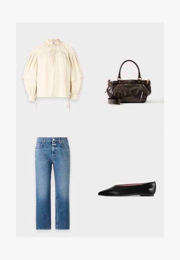 Hofmann Copenhagen SHARON - Blouse - oyster; CLOSED MILO - Jean droit - mid blue; Chaussure plate en cuir noir pour femme, avec bout pointu et petit talon, vue de côté sur un fond gris clair uni.; Sac à main en cuir marron foncé avec deux poignées, bandoulière réglable, ferrures dorées et petit logo de la marque à l'avant.