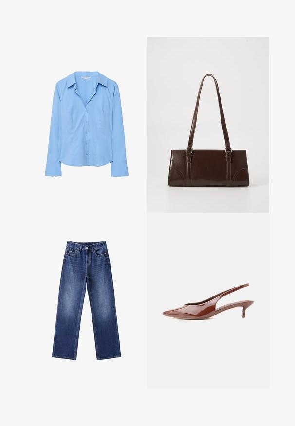 Blouse boutonnée à manches longues bleu clair avec col et larges poignets, coupe ajustée, présentée sur un fond blanc.; Jean en denim bleu avec jambes larges, bouton et fermeture éclair à l'avant, passants de ceinture et cinq poches sur fond blanc.; Escarpin slingback brun brillant à talon kitten pointu avec bout pointu et talon bas et fin sur fond blanc.; Sac à main en cuir verni marron de forme rectangulaire, avec deux longues poignées et des accents courbés subtils à l'avant.