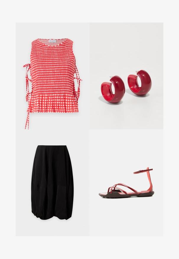 Haut sans manches à carreaux rouges et blancs avec corsage froncé, liens latéraux et ourlet à volants, étiqueté Maisonétre.; Jupe ballon noire longueur genou avec un ourlet ample et arrondi et une texture de tissu lisse sur fond blanc.; Sandale plate rouge avec plusieurs fines lanières, boucle à la cheville et semelle marron légèrement surélevée sur un fond clair uni.; Boucles d'oreilles en acrylique rouge avec une finition brillante, présentant un design courbé et ouvert, ainsi qu'un fermoir à clou. La forme est ronde et épaisse.