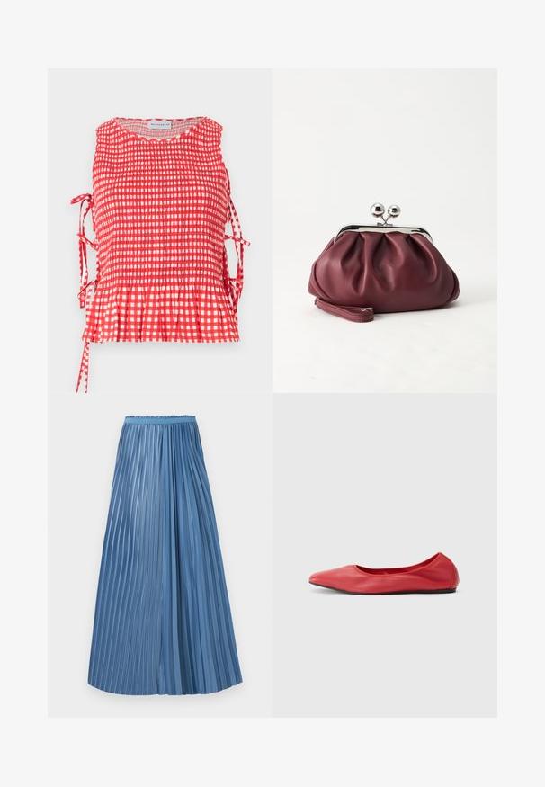 Haut sans manches à carreaux rouges et blancs avec corsage froncé, liens latéraux et ourlet à volants, étiqueté Maisonétre.; Jupe plissée bleu longueur cheville avec des plis de largeurs inégales et une ceinture ajustée sur fond blanc.; Filippa K REY FLATS - Ballerines - bright red; Petit sac pochette en cuir bordeaux avec fermoir métallique argenté et bracelet sur fond blanc.