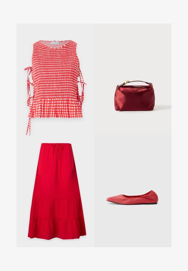 Haut sans manches à carreaux rouges et blancs avec corsage froncé, liens latéraux et ourlet à volants, étiqueté Maisonétre.; Jupe rouge vif, longueur cheville, coupe ample, plis subtils, ourlet à volants et taille à cordon, présentée sur un fond clair et uni.; Filippa K REY FLATS - Ballerines - bright red; Trousse de maquillage en satin bourgogne de forme rectangulaire, avec fermeture éclair et une poignée courte. Présente un design minimaliste et une texture lisse.
