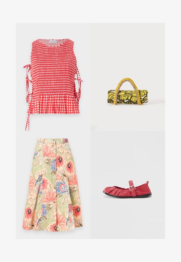 Haut sans manches à carreaux rouges et blancs avec corsage froncé, liens latéraux et ourlet à volants, étiqueté Maisonétre.; Jupe droite avec boutons sur le devant, à motif floral large dans des tons de rose, bleu, vert et beige sur un fond clair.; Ballerine en cuir rouge avec plis, bride réglable à boucle et semelle en caoutchouc noire ornée de clous blancs le long du bord.; Sac rectangulaire avec motif floral jaune et noir et anse tressée jaune et rose sur fond blanc.