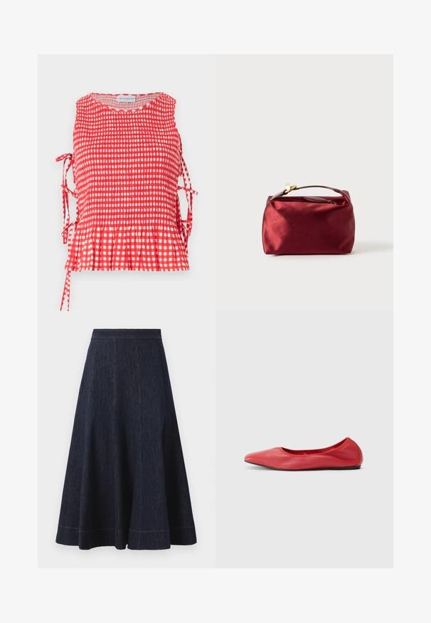 Haut sans manches à carreaux rouges et blancs avec corsage froncé, liens latéraux et ourlet à volants, étiqueté Maisonétre.; Jupe en denim bleu foncé avec une silhouette évasée, présentant des détails de couture verticaux et des coutures orange contrastantes le long de l'ourlet.; Filippa K REY FLATS - Ballerines - bright red; Trousse de maquillage en satin bourgogne de forme rectangulaire, avec fermeture éclair et une poignée courte. Présente un design minimaliste et une texture lisse.