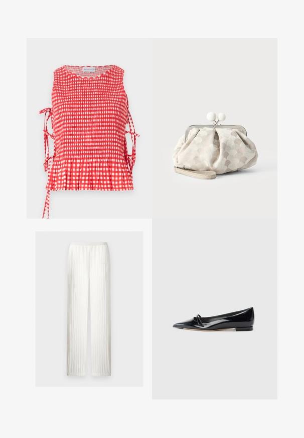 Haut sans manches à carreaux rouges et blancs avec corsage froncé, liens latéraux et ourlet à volants, étiqueté Maisonétre.; Pantalon en tricot écru avec motif torsadé vertical, coupe droite et ceinture élastique.; Chaussure plate en cuir verni noir avec un bout pointu, une petite lanière décorative et un petit talon carré. Texture lisse et design épuré.; Petit sac pochette beige avec tissu texturé à pois, cadre argenté, fermoir rond blanc et bracelet de poignet amovible sur fond uni.