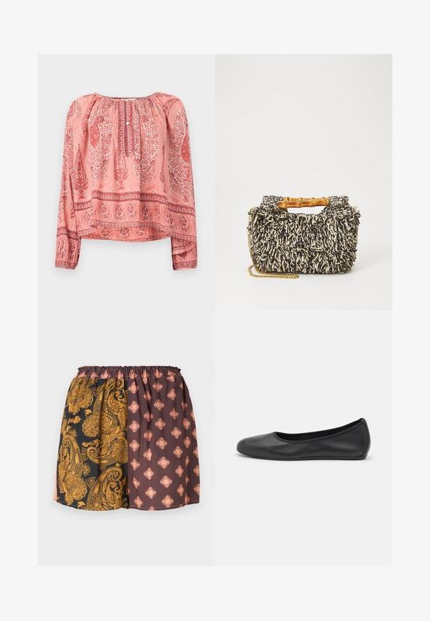 Blouse rose à manches longues avec motifs cachemire rouges et floraux, encolure froncée et patte de boutonnage à l'avant.; Shorts courts à motifs avec une ceinture élastique. Le côté gauche présente un motif cachemire doré sur fond noir, le côté droit affiche un motif marron avec des accents pêche.; Ballerines en cuir noir avec un bout rond, texture lisse, détails de couture minimalistes et design de semelle flexible.; Sac tissé avec un motif texturé noir et crème, une poignée en bambou et une bandoulière en chaîne dorée amovible. Forme rectangulaire compacte.