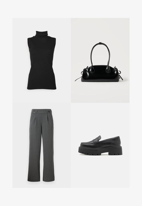 Top negro sin mangas de cuello alto hecho de tela acanalada, con un cuello alto y una silueta ajustada. Textura suave con un diseño mínimo.; Pantalones de pierna ancha grises hechos de un tejido texturizado, con una cintura alta, pliegues en la parte delantera y dos botones en la cinturilla.; Mocasines de cuero negro con una suela de goma baja y gruesa, detalles de costura en la parte superior y una textura suave.; Pequeño bolso negro brillante con dos asas largas y detalles de cordón lateral sobre un fondo claro liso.