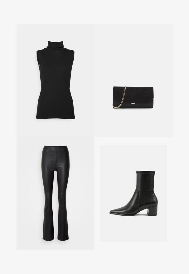 Top noir sans manches en maille côtelée, avec un col haut et une silhouette ajustée. Texture lisse avec un minimum de détails.; Pantalons évasés noirs en simili cuir lisse, dotés d'une taille haute et de coutures au-dessus du genou.; Bottine noire en cuir lisse, avec un bout pointu, un talon carré et des coutures surélevées distinctes au bord supérieur.; Porte-monnaie noir en daim avec une finition texturée, doté d'une chaîne dorée et d'un design épuré et angulaire.