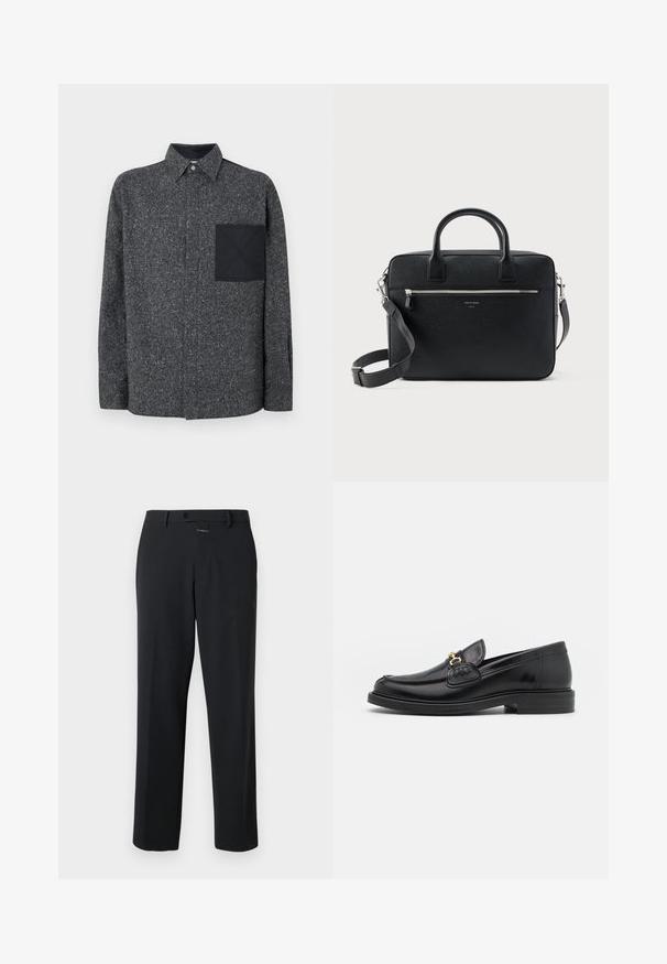 Iceberg Hemd - fantasia mix di grigi; Schwarze Hose mit geradem Schnitt, aus glattem Stoff. Verfügt über einen vorderen Knopfverschluss und subtile Nähdetails. Schlichtes Design ohne Muster.; Schwarze Lederleter mit einer abgerundeten Zehenpartie, ausgestattet mit goldenen Hardwareakzenten und Stichdetails, auf einer niedrigen, strukturierten Gummisohle.; Schwarze strukturierte rechteckige Lederaktentasche mit Doppelgriffen, vorderer Reißverschlusstasche und verstellbarem Schultergurt, auf weißem Hintergrund dargestellt.