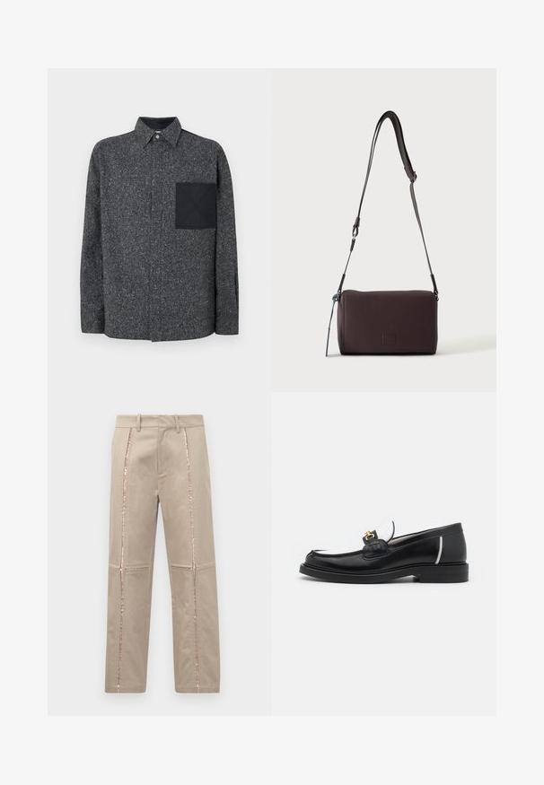 Iceberg Camisa - fantasia mix di grigi; Pantalones beige con corte recto, que presentan franjas laterales de lentejuelas en color rosa dorado y sutiles detalles de costura en las piernas.; Mocasín de piel negra con punta redondeada, acentos en blanco y herrajes dorados en la parte superior. Presenta un parche texturizado y un tacón apilado.; Bolso bandolera de cuero marrón oscuro con textura, correa ajustable y pequeño adorno decorativo azul en el lateral.