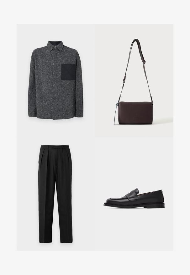 Iceberg Camisa - fantasia mix di grigi; Pantalones plisados negros con un diseño a medida, elaborados en una tela suave, con cierre de botón y corte recto.; Mocasín de cuero negro con tacón bajo, punta redondeada y una correa decorativa en la parte superior, sobre un fondo claro y simple.; Bolso bandolera de cuero marrón oscuro con textura, correa ajustable y pequeño adorno decorativo azul en el lateral.