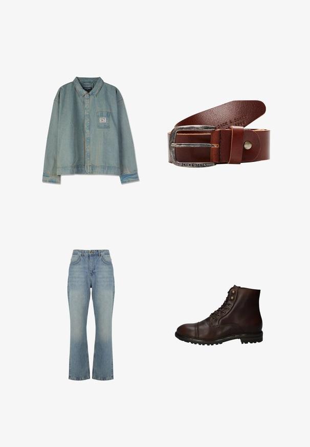 Lichtblauwe spijkerjacket met een puntige kraag, lange mouwen, borstzak en zichtbare stiksels; relaxte pasvorm en versleten textuur.; Lichtblauwe denim spijkerbroek met hoge taille, rechte pijpen, knoopsluiting aan de voorkant, riemlussen en twee voorzakken.; Donkergrote leren veterschoenen tot de enkels met een robuuste rubberen zool en metalen veters, gezien vanuit de buitenzijde.; Bruine leren riem met een textuurafwerking, voorzien van een metalen gesp met een verweerde zilveren tint en het gegrifte merkteken.