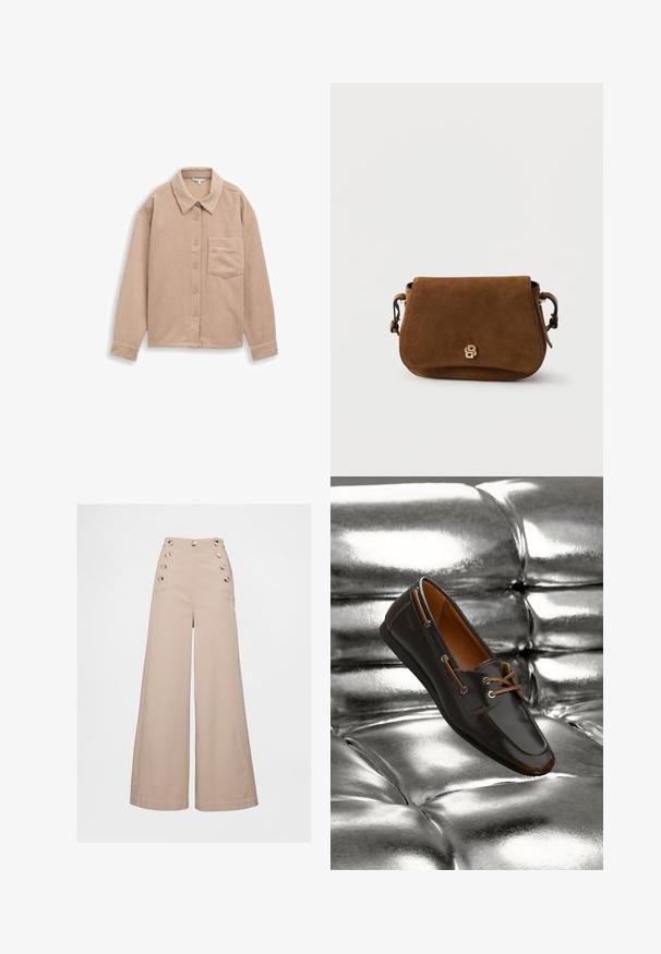 Beige Kordshirtjacke mit Kragen, fünf-Knopf-Verschluss und einer einzelnen Brusttasche. Weiche Textur mit vertikalen Rippungen.; Beige Hosen mit weitem Bein und hoher Taille, mit großen Knopfakzenten an den Vorderhosentaschen und einem glatten, leichten Stoff.; Brauner Leder-Schlüpfschuh mit hellbraunen Akzenten und metallischen Ösen, ausgestattet mit einer abgerundeten Zehenpartie und glatter Textur, vor einem glänzenden silbernen Hintergrund.; Braune Wildleder-Umhängetasche mit Klappverschluss, goldfarbenem Logo-Akzent und verstellbarem Schulterriemen, mit glatter Textur und abgerundeter Form.
