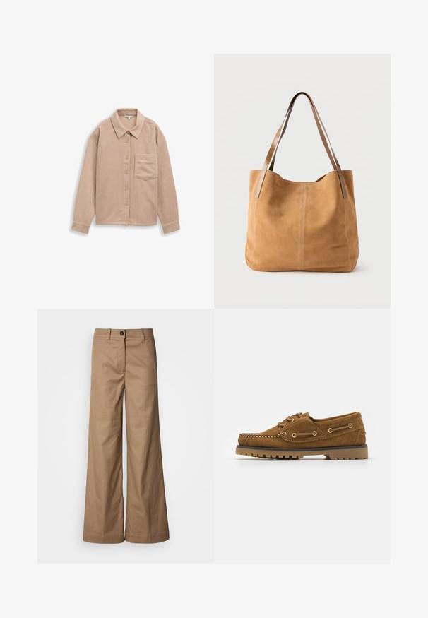Beige corduroy overhemdjack met een kraag, een sluiting met vijf knopen en een enkele borstzak. Zachte textuur met verticale ribbels.; Wijde broek gemaakt van een gladde, tan stof. Voorzien van een sluiting met knoop aan de voorkant, riemlussen en zijzakken. Strakke lijnen zonder zichtbare patronen.; Anna Field LEATHER - Bootschoenen - cognac; Beige suède totebag met lange lichtbruine leren hengsels, zachte textuur en eenvoudige stiksels op een effen witte achtergrond.