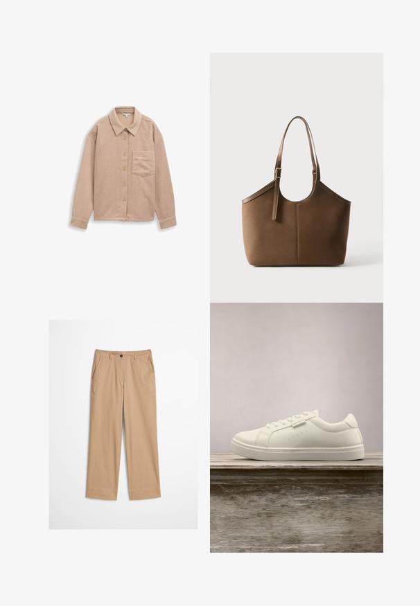 Beige corduroy skjortejakke med krave, fem-knaps lukning og en enkelt brystlomme. Blød tekstur med lodret ribb.; Beige bomuldsbukser med lige ben, knaplukning foran og en glat tekstur. Har standard bærestropper og flad frontdesign.; Hvide lædersneakers med snørebånd svævende over en træbænk, grøn høj græs sløret i baggrunden udendørs.; Brun læder tote taske med justerbar skulderrem og guldfarvet spænde, glat tekstur, vist mod en ensfarvet hvid baggrund.