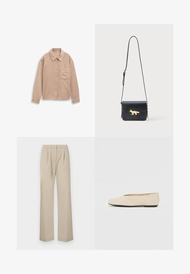 Beige corduroy skjortejakke med krave, fem-knaps lukning og en enkelt brystlomme. Blød tekstur med lodret ribb.; Lys beige bukser med lige ben, elastisk talje og en enkelt knapdetalje foran. Fremstillet af et tekstureret stof.; Beige ruskind ballerina med rund tå, flad sål og minimalistisk design. Glat tekstur uden synligt hardware eller udsmykninger.; Sort læder skuldertaske med lang justerbar rem og guld silhuet af en ræv på forklappen.