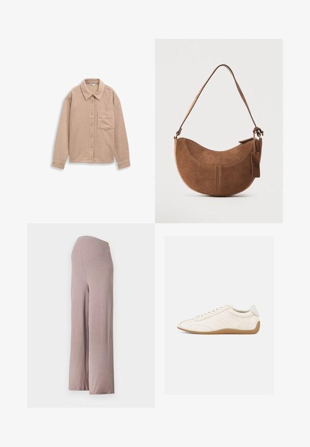 Beige corduroy skjortejakke med krave, fem-knaps lukning og en enkelt brystlomme. Blød tekstur med lodret ribb.; Lyserøde ribbede bukser med bred benvidde, glat tekstur og elastisk talje, der har en udvidet silhuet og blød fald.; Hvid lædersneaker med en glat tekstur, rund tå og tonale syninger. Har en tanfarvet gummisål og snørebånds-lukning.; Brun ruskinds håndtaske med en buet, halvmåneformet silhuet. Har en skulderrem, et lille mærke og synlige sømme langs kanterne.