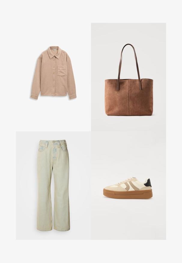 Beige Kordshirtjacke mit Kragen, fünf-Knopf-Verschluss und einer einzelnen Brusttasche. Weiche Textur mit vertikalen Rippungen.; Hellblaue Schlagjeans aus Denim mit hoher Taille, fünf Taschen und subtilen Ausbleichungen sowie kontrastierenden Nähakzenten.; Cremfarbene und beige Sneaker mit einer tanfarbenen Gummisohle, Wildlederseitenakzenten und schwarzem Fersenbereich; ausgestattet mit runden Schnürsenkeln und flachem Design.; Braune Wildleder-Shopper-Tasche mit zwei langen Lederschulterriemen, einfachem Design und sichtbaren zentralen Nähten auf hellem Hintergrund.