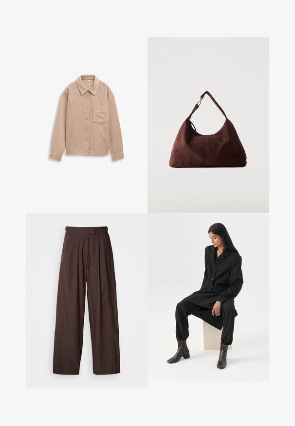 Beige corduroy skjortejakke med krave, fem-knaps lukning og en enkelt brystlomme. Blød tekstur med lodret ribb.; Brune bukser med vide ben og høj talje, plisseret foran og med en glat stoftekstur. Har to sidelommer og et rent, skræddersyet udseende.; Kvinde med langt mørkt hår, siddende iført en løs sort blazer, matchende vidde bukser og mørke ankelstøvler mod en ensfarvet hvid baggrund.; Blød brun ruskind skuldertaske med en enkelt rem og sølvfarvet metal hardware på en ensartet lys baggrund.