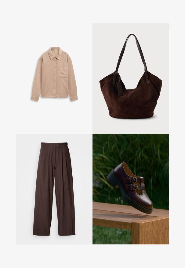 Beige corduroy skjortejakke med krave, fem-knaps lukning og en enkelt brystlomme. Blød tekstur med lodret ribb.; Brune bukser med vide ben og høj talje, plisseret foran og med en glat stoftekstur. Har to sidelommer og et rent, skræddersyet udseende.; Mørkebrune lædersko med dobbelt rem, perforerede detaljer og tyk sort sål, hængende over et træbord udendørs.; Brun ruskind taske med en blød, slouchy form. Har læderhåndtag og et tag-accent. Enkelt tekstur med buede sømme.
