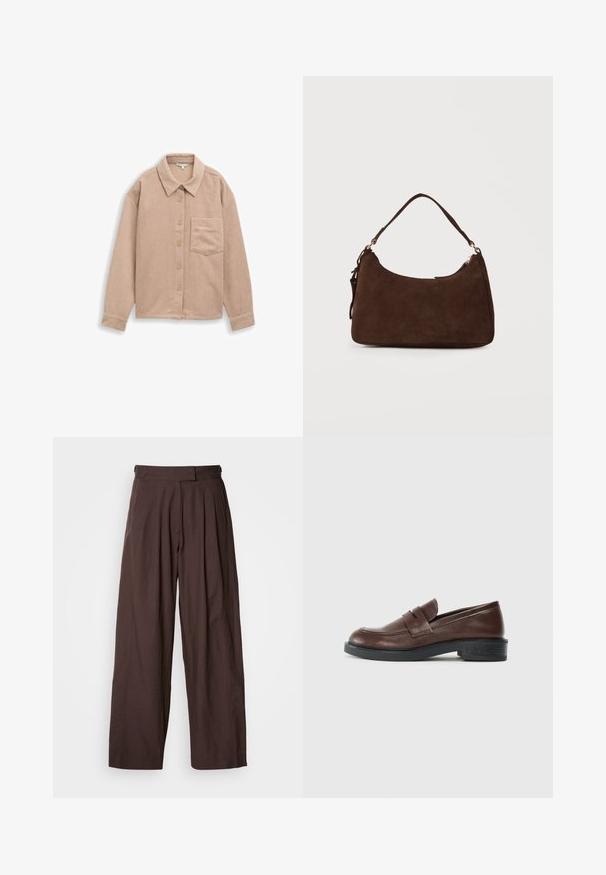 Veste-chemisier en velours côtelé beige avec col, fermeture à cinq boutons et une poche poitrine. Texture douce avec des rainures verticales.; Pantalon marron à jambes larges avec une taille haute, un devant plissé et une texture de tissu lisse. Comprend deux poches latérales et un look net et ajusté.; Mocassins en cuir marron avec un bout arrondi, présentant une sangle décorative sur le dessus, et un talon bas en caoutchouc noir texturé.; Sac à bandoulière en daim marron avec une seule sangle et une fermeture éclair sur un fond clair uni.