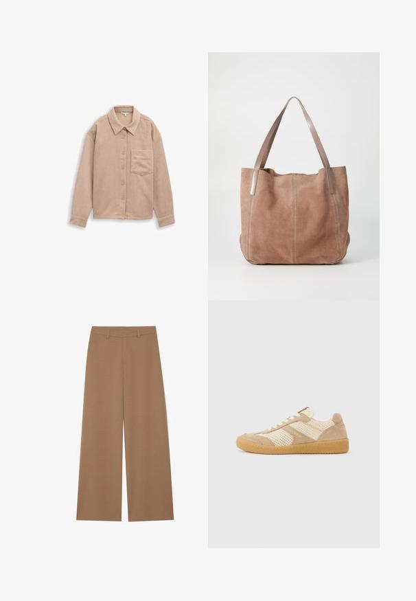 Beige Kordshirtjacke mit Kragen, fünf-Knopf-Verschluss und einer einzelnen Brusttasche. Weiche Textur mit vertikalen Rippungen.; Weite Hose in einem einfarbigen Braunton, aus einem strukturierten Stoff gefertigt; verfügt über eine hohe Taille und ein strukturiertes Design mit Gürtelschlaufen.; Beige und cremefarbener Sneaker mit niedrigem Schaft, Mesh- und Wildlederpaneelen, weißen Schnürsenkeln und einer Gummisohle in Karamellfarbe, seitlich auf einfachem Hintergrund gezeigt.; Anna Field by Zalando LEATHER - Shopping Bag - taupe
