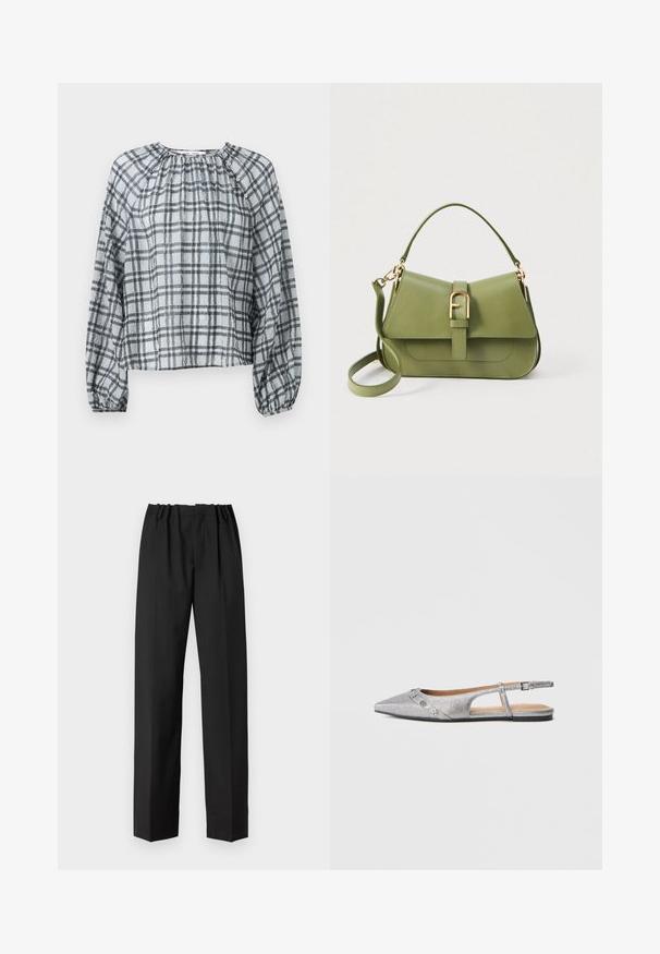 Blouse à carreaux en tissu léger, avec un col rond, de longues manches bouffantes et un devant froncé. Les couleurs incluent le gris et le noir.; Pantalon noir avec une coupe droite, doté d'une ceinture élastique et d'une texture lisse. Pas de motifs visibles ni de détails en métal.; Ballerine argentée à bout pointu avec bride arrière, finition texturée et ornements décoratifs argentés sur la bride avant.; Sac bandoulière en cuir vert au design structuré, avec une quincaillerie dorée, un rabat pliant et une sangle ajustable. Présente un détail de boucle centrale.