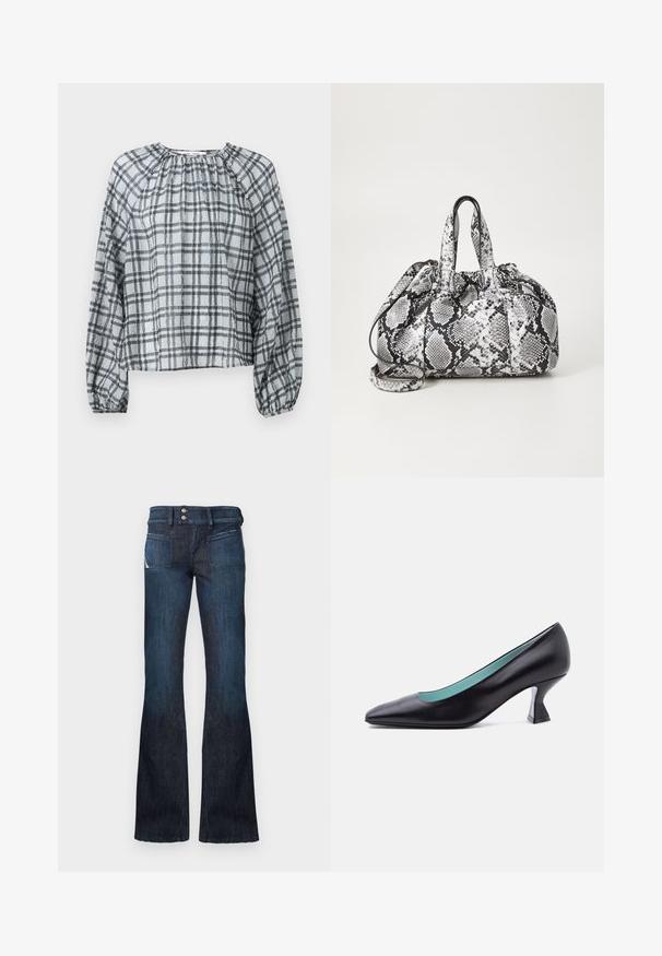 Blouse à carreaux en tissu léger, avec un col rond, de longues manches bouffantes et un devant froncé. Les couleurs incluent le gris et le noir.; Jeans en denim bleu foncé avec taille haute, fermeture à double bouton, poches plaquées à l'avant et jambes évasées.; Escarpin en cuir noir à bout pointu avec un petit talon bloc de forme unique et une doublure intérieure bleu clair, présenté sur un fond blanc uni.; Sac à main en motif peau de serpent noir et blanc avec deux poignées, une fermeture à cordon et une bandoulière amovible. Texture lisse.