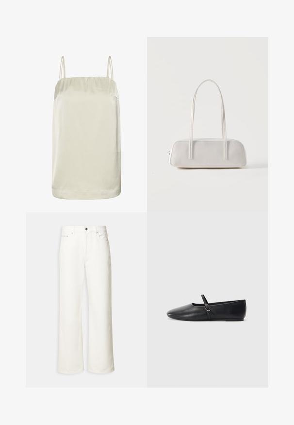 Top caraco beige en satin sans manches avec fines bretelles doubles et un col droit.; Jean blanc à jambes larges avec boutons à l'avant, passants de ceinture et design à cinq poches.; Ballerines noires en cuir avec un bout pointu, une semelle plate et une petite sangle avec un détail de boucle en argent.; Sac d'épaule rectangulaire blanc avec des bretelles longues et fines, couture minimale, et fermeture éclair sur un fond uni.