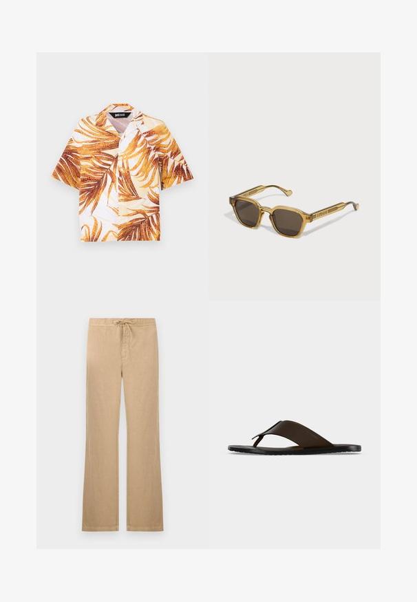 Chemise à manches courtes avec boutons, imprimé de feuilles tropicales jaunes et brunes, et col style camp.; Pantalon beige à jambes droites avec taille élastique et cordon de serrage, braguette à l'avant, sans poches visibles, présenté sur fond blanc.; Sandale tong en cuir marron foncé avec une large sangle à la cheville et une semelle plate noire, montrée de profil sur fond gris.; Lunettes de soleil de couleur ambre avec une forme géométrique, verres foncés, épais montures transparentes et logo en relief sur les tempes.