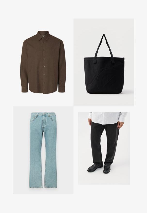 Pikkade varrukatega pruun nööbitav särk klassikalise kraega ja ühe nupuga mansettidega, valgel taustal.; Heledsinised denim püksid sirge säärega disainiga, viie tasku ja nööbiga sulgemisega. Nähtav õmblemine ja kulunud serva detail.; Mustad denim püksid koos läikivate mustade mokassiinidega. Särk on valge, millel on õhukesed vertikaalsed triibud, pikkade varrukatega ja nööpidega kraega.; Mustast lõuendist käekott kahe õlarihmaga ja esiküljel õrn reljeefne ringikujuline muster.