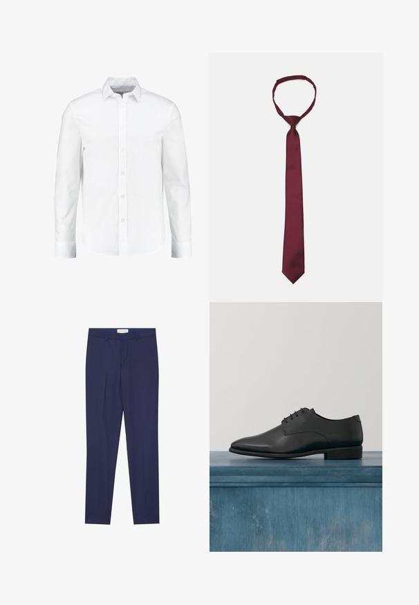 Chemise blanche à manches longues à boutons, fabriquée en coton lisse. Dotée d'un col classique et d'une fermeture à boutons à l'avant avec un ourlet droit.; Pantalons de costume navy en tissu lisse, dotés d'un devant plat, de deux poches latérales, d'une fermeture éclair et d'un ourlet net sans motifs ni accents.; Chaussure habillée en cuir noir avec une finition lisse, bout arrondi et un laçage minimal. Elle possède un talon bas et un design épuré sur un fond neutre.; Cravate en satin bourgogne avec une texture lisse, de largeur étroite et à pointe; elle est dotée d'une boucle pour un enfilage facile.