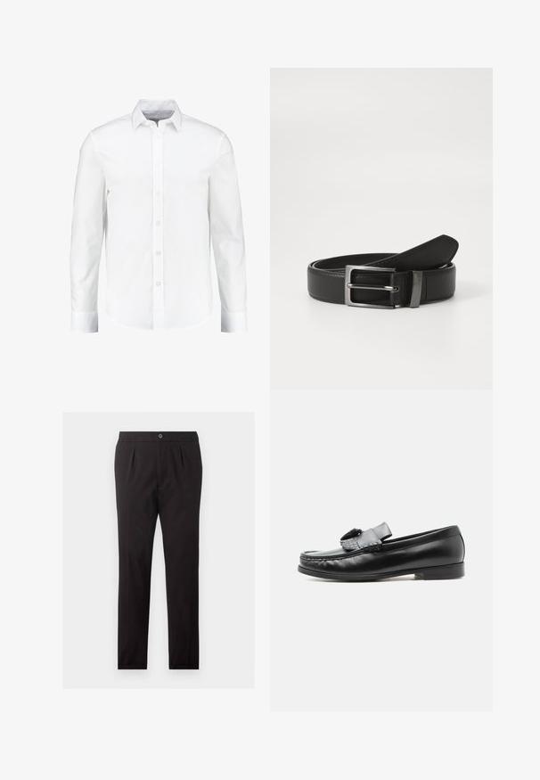 Chemise blanche à manches longues à boutons, fabriquée en coton lisse. Dotée d'un col classique et d'une fermeture à boutons à l'avant avec un ourlet droit.; Pantalon formel noir avec plis sur le devant, taille boutonnée et jambes droites présenté sur fond blanc.; Mocassin en cuir noir avec un détail pompon, talon bas et bout arrondi, présenté de profil sur un fond uni clair.; Ceinture en cuir noir avec une boucle en métal argenté, présentant une finition lisse et un design classique. La ceinture est soigneusement pliée.