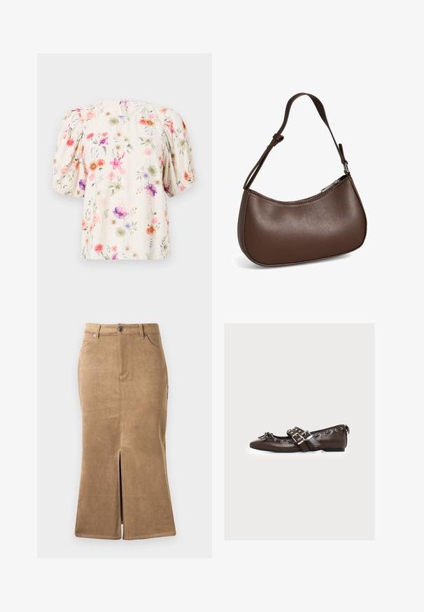 Blomstret bluse med puffærmer, der har en cremefarvet baggrund og farverige blomstermønstre i nuancer af pink, lilla og grøn.; Brun ruskind midi-skirt med slids foran, kontrasterende syninger og fem-lomme design. Glat tekstur og tætsiddende facon.; Brun læder flad sko med dobbelte sølvspænder, dekorative snørebånd langs kanterne og en lille sløjfe på den spidse tå.; Lille brun skuldertaske i læder med justerbar rem og lynlåslukning, vist mod hvid baggrund. Ingen synligt branding eller dekorationer.