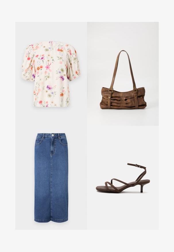 Blouse florale avec manches bouffantes, présentant un fond crème et des motifs de fleurs colorées dans des teintes de rose, violet et vert.; Jupe maxi en denim bleu foncé, avec une coupe droite, une taille avec une fermeture à bouton et des détails de couture minimalistes.; Sandale marron à talons hauts avec fines lanières croisées et bride de cheville avec boucle argentée sur fond blanc.; Even&Odd Sac à main - brown