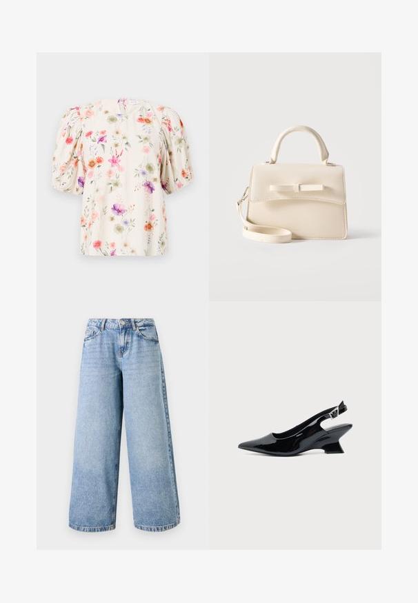 Blusa floral con mangas abullonadas, con un fondo crema y patrones de flores coloridos en tonos de rosa, púrpura y verde.; Pantalones vaqueros de pierna ancha en azul claro, confeccionados en denim, con una cintura alta, cierre de cremallera y diseño de cinco bolsillos. Detalles de costura visibles a lo largo de las piernas.; Zapato slingback de cuero charol negro con puntera puntiaguda y tacón bajo en bloque inclinado sobre fondo claro liso.; Pequeño bolso beige con asa superior, correa desmontable, solapa frontal y lazo decorativo horizontal sobre un fondo liso.