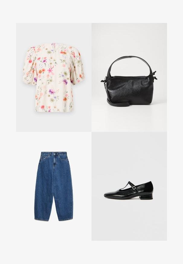 Blomstret bluse med puffærmer, der har en cremefarvet baggrund og farverige blomstermønstre i nuancer af pink, lilla og grøn.; Blå denimjeans med høj talje, afslappet pasform og lige ben. Klassisk design med fem lommer, lynlås og knaplukning.; Sorte Mary Jane-sko i læder med spids tå, lille blokhæl og justerbar rem med sølvspænde. Glat, blank tekstur.; Sort læderhåndtaske med et struktureret design, rund tophåndtag og aftagelig skulderrem. Den har en glat tekstur og en subtil glans.