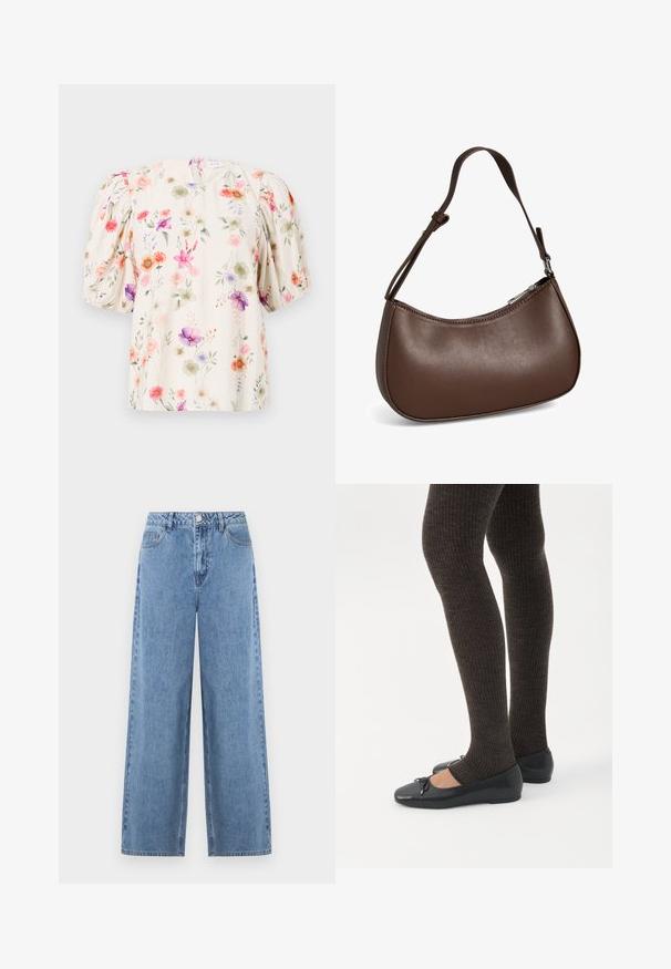 Blomstret bluse med puffærmer, der har en cremefarvet baggrund og farverige blomstermønstre i nuancer af pink, lilla og grøn.; Lyseblå jeans med brede ben lavet af denim. Har høj talje, bæltestropper, forlommer og en enkelt baglomme. Glat tekstur.; Ben iført mørke ribbede leggings kombineret med sorte balletsko med små sløjfedetaljer på hvid baggrund.; Lille brun skuldertaske i læder med justerbar rem og lynlåslukning, vist mod hvid baggrund. Ingen synligt branding eller dekorationer.