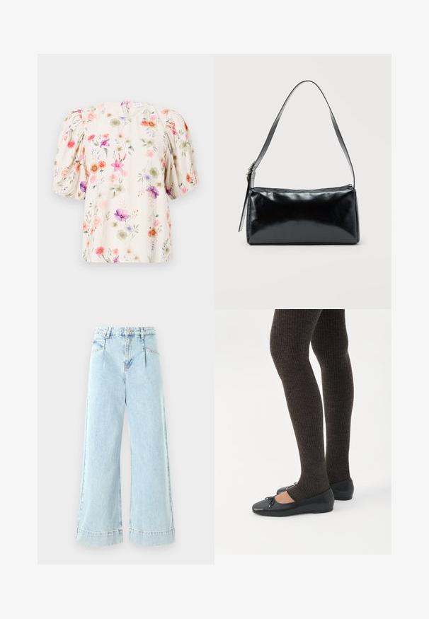 Blomstret bluse med puffærmer, der har en cremefarvet baggrund og farverige blomstermønstre i nuancer af pink, lilla og grøn.; Lyseblå vidbenede jeans lavet af denim, med høj talje, forlommer og syede detaljer ved kanten.; Ben iført mørke ribbede leggings kombineret med sorte balletsko med små sløjfedetaljer på hvid baggrund.; Sort rektangulær skuldertaske med en enkelt justerbar rem og lynlås i toppen på en ensfarvet baggrund.