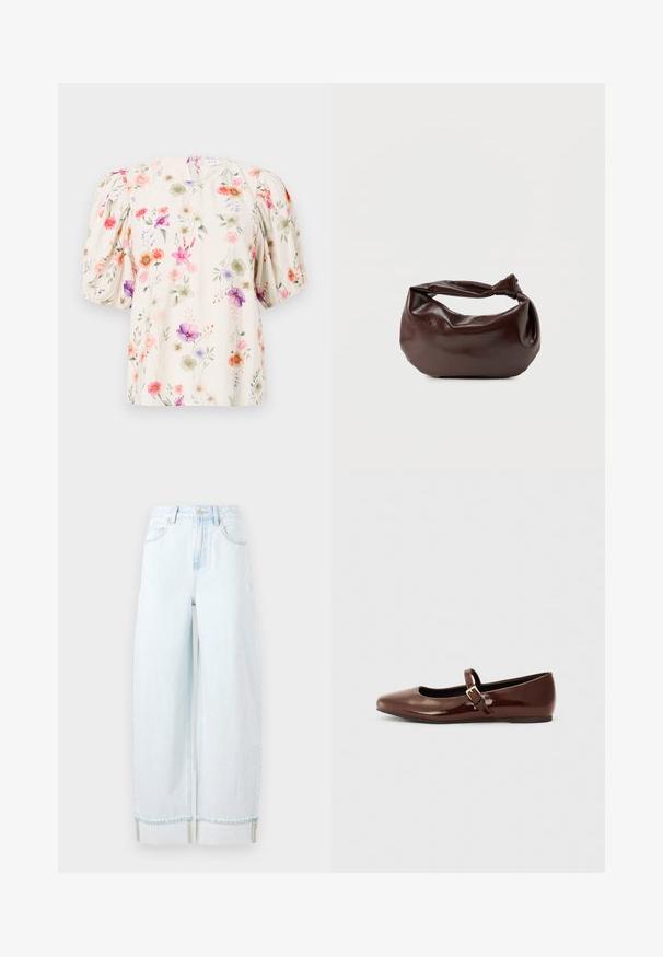 Blomstret bluse med puffærmer, der har en cremefarvet baggrund og farverige blomstermønstre i nuancer af pink, lilla og grøn.; Lyseblå vidde jeans lavet af denim, med høj talje, forlommer og en rullet kant med synlige syninger.; Brun patentlæder balletflade med firkantet tå og strop med en lille guldbuckle. Glat tekstur, lav hæl og minimalistisk design.; Mørkebrun læder skuldertaske med en blød, afslappet form og et snoet knudehåndtag på en ensartet hvid baggrund.