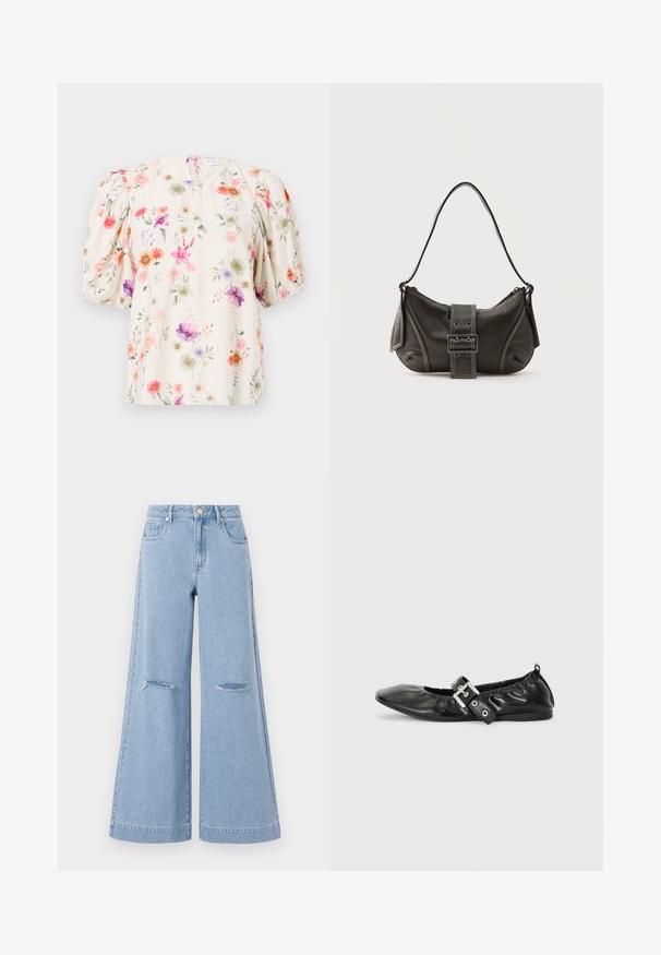 Blomstret bluse med puffærmer, der har en cremefarvet baggrund og farverige blomstermønstre i nuancer af pink, lilla og grøn.; Lyseblå bredbenede jeans med høj talje, der har to forlommer og to slidte knædetaljer, fremstillet af denimmateriale.; Sorte læder flade sko med spids tå, samling detaljer omkring åbningen, og en sølv spænde accent på den justerbare rem.; Sort læder skuldertaske med spænde på remmen, afrundede kanter og kontrasterende hvide syninger på en ensfarvet baggrund.