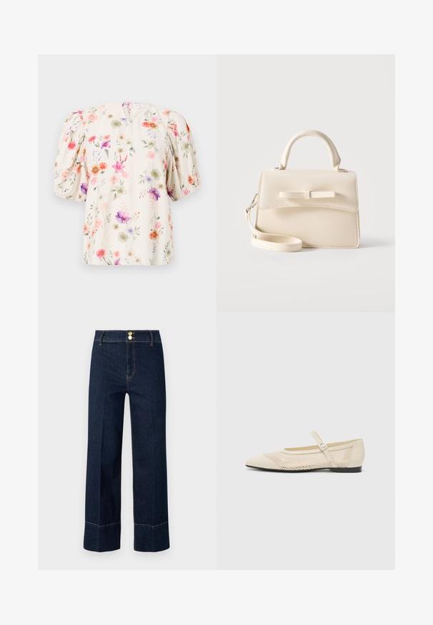Blomstret bluse med puffærmer, der har en cremefarvet baggrund og farverige blomstermønstre i nuancer af pink, lilla og grøn.; Mørkeblå højtaljede brede jeans med dobbelte guldknapper og synlig orange syning på en lys baggrund.; Beige balletflader med spids tå, mesh design overlay og en side spænde. Flad sål med en glat tekstur.; Lille beige håndtaske med top-håndtag, aftagelig rem, forreste klap og dekorativ vandret sløjfe på en ensfarvet baggrund.