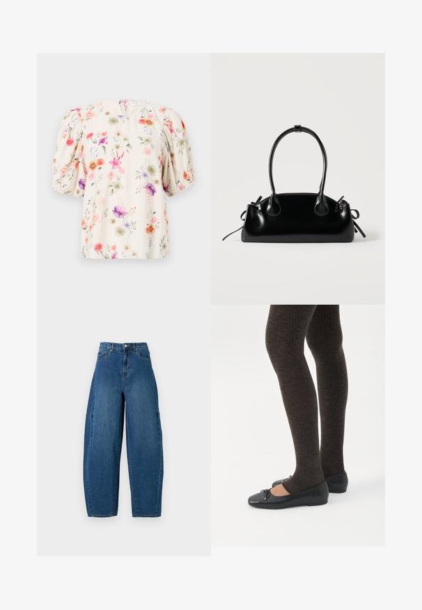 Blusa floral con mangas abullonadas, con un fondo crema y patrones de flores coloridos en tonos de rosa, púrpura y verde.; Jeans de denim en un lavado azul medio, con una cintura alta, corte de pierna ancha y diseño estándar de cinco bolsillos con detalles de costura visibles.; Piernas con leggings oscuros acanalados combinados con bailarinas negras que presentan pequeños detalles de lazo sobre un fondo blanco.; Pequeño bolso negro brillante con dos asas largas y detalles de cordón lateral sobre un fondo claro liso.