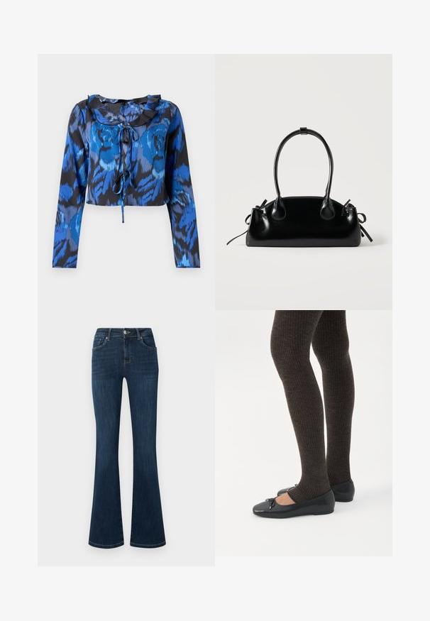 Haut court à manches longues imprimé bleu et noir avec un col froncé et un détail à nouer à l'avant. Tissu lisse avec une coupe décontractée.; Jean en denim bleu foncé avec une taille mi-haute, style cinq poches et jambes évasées, présenté à plat sur un fond blanc.; Jambes portant des leggings côtelés foncés associés à des ballerines noires avec de petits détails en nœud sur fond blanc.; Petit sac à main noir brillant avec deux longues anses et des détails à cordon sur les côtés sur un fond clair uni.