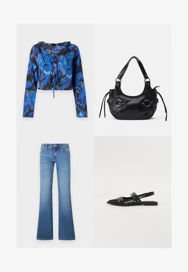 Haut court à manches longues imprimé bleu et noir avec un col froncé et un détail à nouer à l'avant. Tissu lisse avec une coupe décontractée.; Jean flare bleu clair en denim. Comprend un design à cinq poches, une fermeture par bouton métallique et un léger délavage près des genoux.; Even&Odd Ballerines à brides arrière - black; Sac à main en cuir noir de forme arrondie, avec deux boucles sur les côtés, texture lisse et une courte bandoulière. Détails supplémentaires avec des pompons latéraux.