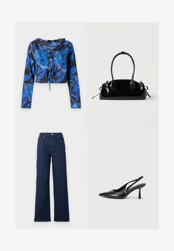 Haut court à manches longues imprimé bleu et noir avec un col froncé et un détail à nouer à l'avant. Tissu lisse avec une coupe décontractée.; Jean large en denim bleu foncé avec des coutures visibles, taille haute et cinq poches. Présente une fermeture à bouton et à glissière à l'avant.; Chaussure à talon haut en cuir noir, à bride arrière, avec un bout pointu et un talon fin sur fond blanc.; Petit sac à main noir brillant avec deux longues anses et des détails à cordon sur les côtés sur un fond clair uni.