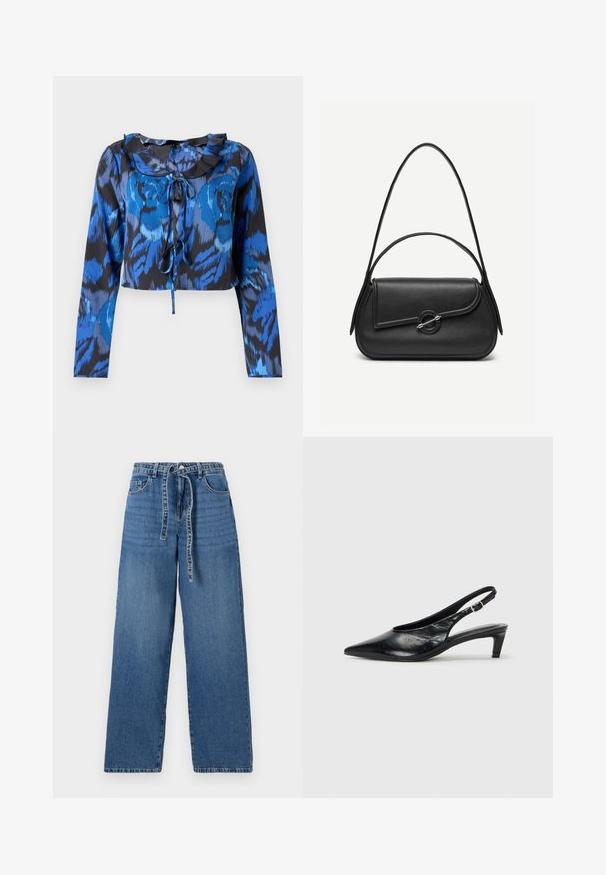 Haut court à manches longues imprimé bleu et noir avec un col froncé et un détail à nouer à l'avant. Tissu lisse avec une coupe décontractée.; Jean large en denim bleu clair avec taille haute, dotée d'une fermeture à lien, de deux poches avant et d'un motif légèrement délavé.; Escarpin à bride arrière en cuir noir avec un bout pointu, un petit talon et une sangle à boucle réglable. Texture lisse avec un minimalisme dans les détails.; Sac à main en cuir noir avec bords arrondis, rabat asymétrique, fermoir circulaire en métal, et des bandoulières courtes et longues.