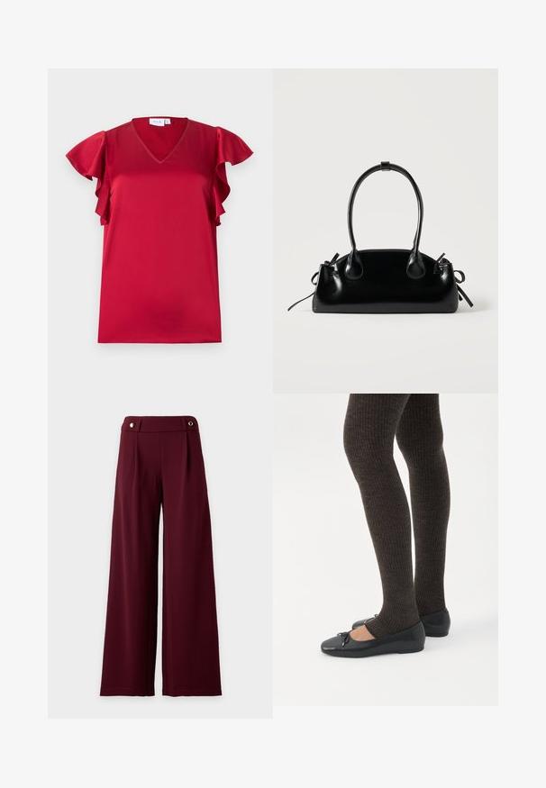 Blouse en satin rouge avec manches courtes volantées et décolleté en V, posée à plat sur un fond blanc.; Pantalon à jambes larges et taille haute en tissu bordeaux foncé avec une ceinture ajustée ornée de deux boutons dorés.; Jambes portant des leggings côtelés foncés associés à des ballerines noires avec de petits détails en nœud sur fond blanc.; Petit sac à main noir brillant avec deux longues anses et des détails à cordon sur les côtés sur un fond clair uni.